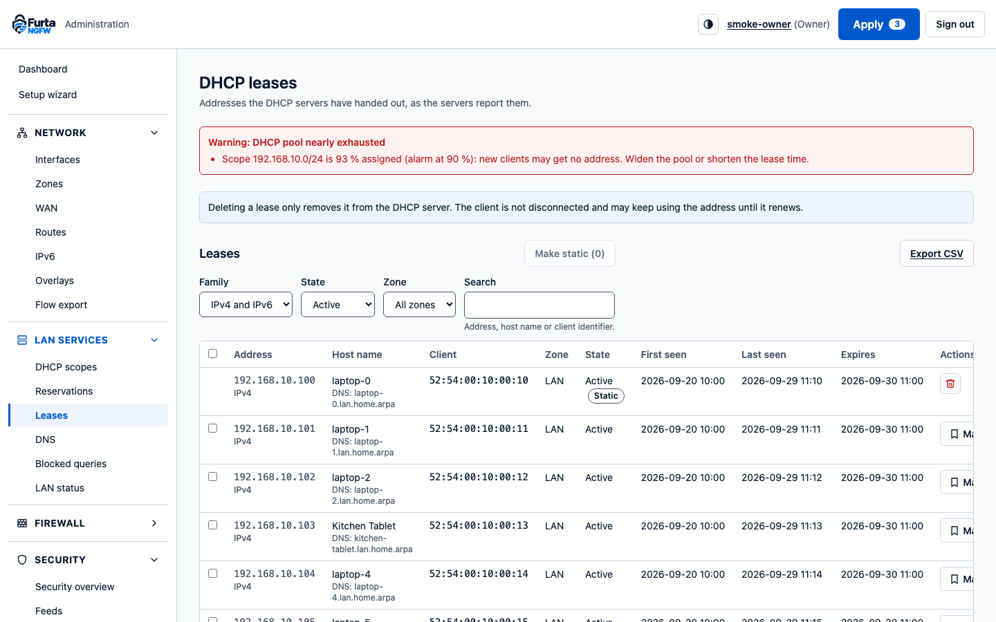 DHCP leases with a warning that the 192.168.10.0/24 pool is 93 % assigned.