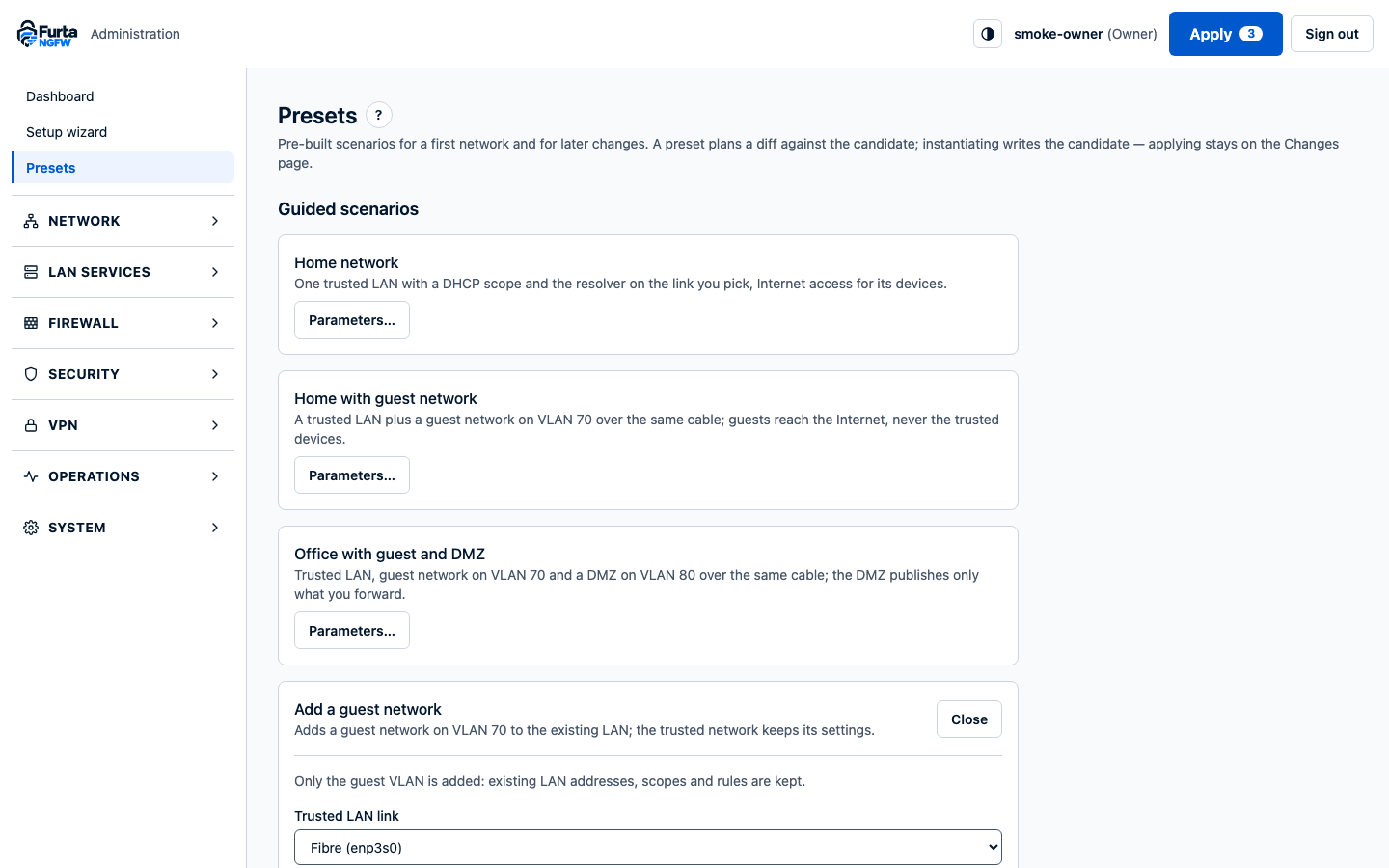 Presets: guided scenarios such as home network, home with guest network, and office with guest and DMZ, with the changes a preset would make.